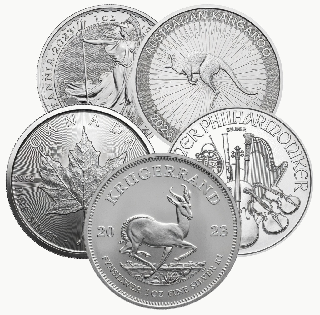Silver bullion: Canadian Maple Leaf, Britannia, Australian Kangaroo, Philharmonic and Krugerrand 1 oz coins